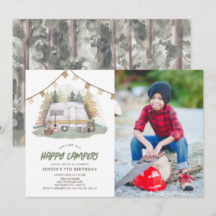 Lycklig Camper Mountain Forest Boy Birthday Photo Inbjudningar