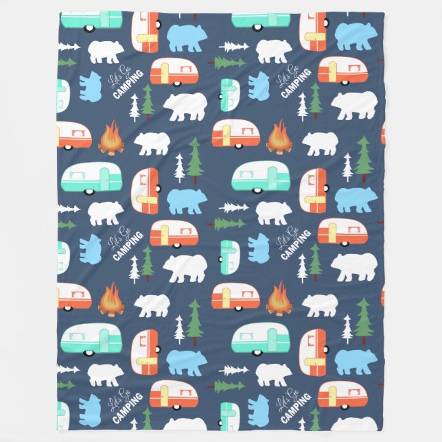 Lycklig Camper Navy Blue Orange Aqua Camp Blanket Fleecefilt (Framsidan)