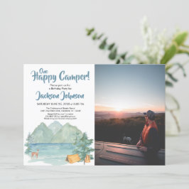 Lycklig Camper Photo Rustic Mountains Birthday Inbjudningar