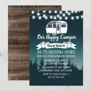 Lycklig Camper Rustic Forest 1 Birthday Inbjudningar
