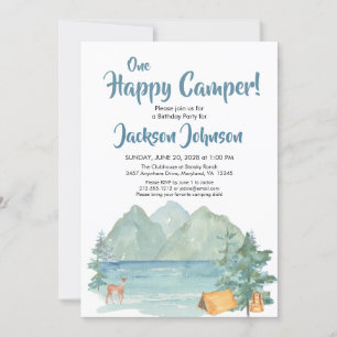 Lycklig Camper Rustic Mountain Watercolor Birthday Inbjudningar