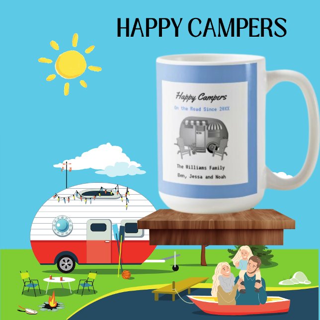 Lycklig Camper RV-familjekaffe Mugg (Happy Camper Personalized Family Mug.)