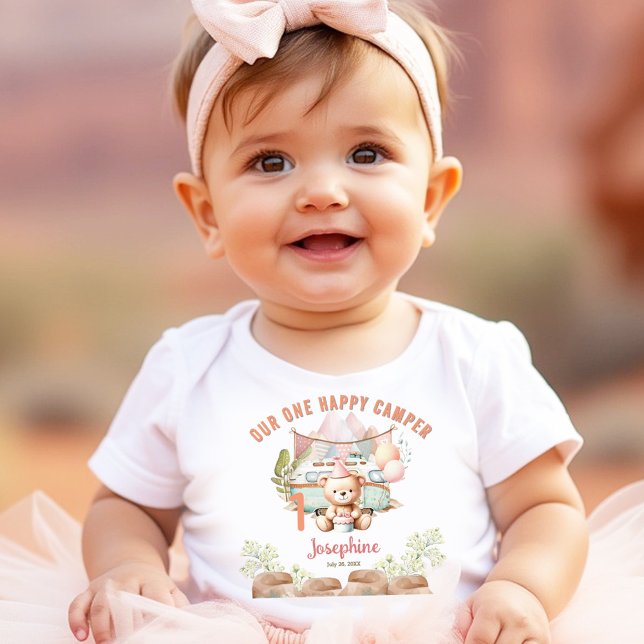 Lycklig Camper Sommar 1:a födelsedag T Shirt (Happy Camper Summer 1st Birthday Girl Baby Bodysuit)