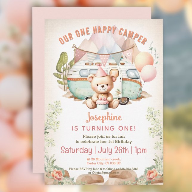 Lycklig Camper Sommar 1:a födelsedagsinbjudan till Inbjudningar (Happy Camper Summer 1st Birthday Girl Invitation)