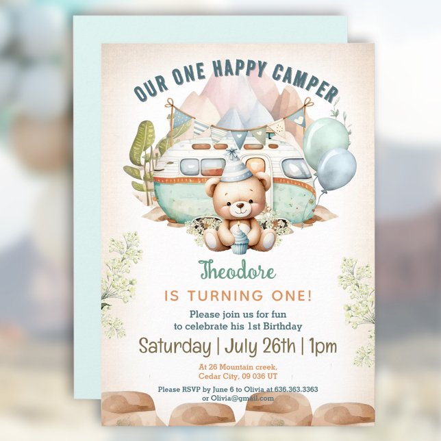 Lycklig Camper Sommarinbjudan till 1:a födelsedags Inbjudningar (Happy Camper Summer 1st Birthday Boy Invitation)