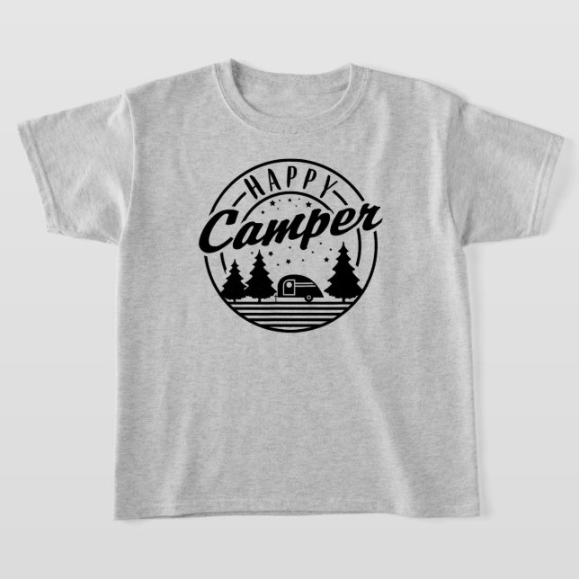 Lycklig Camper T Shirt Träd Stars och Camp Trailer (Laydown)