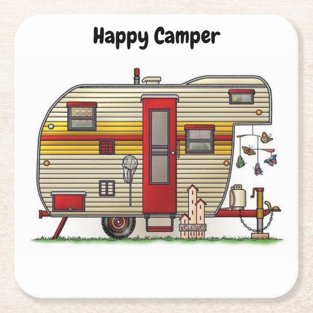 Lycklig Camper Trailer Underlägg Papper Kvadrat (Framsidan)