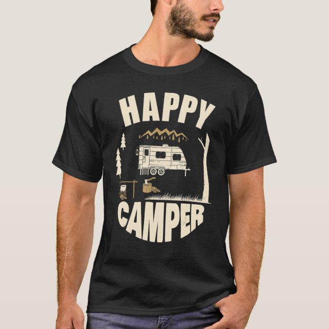 Lycklig Camper Vild Rv Van Camping Exdoor Cute Gra T Shirt (Framsida)