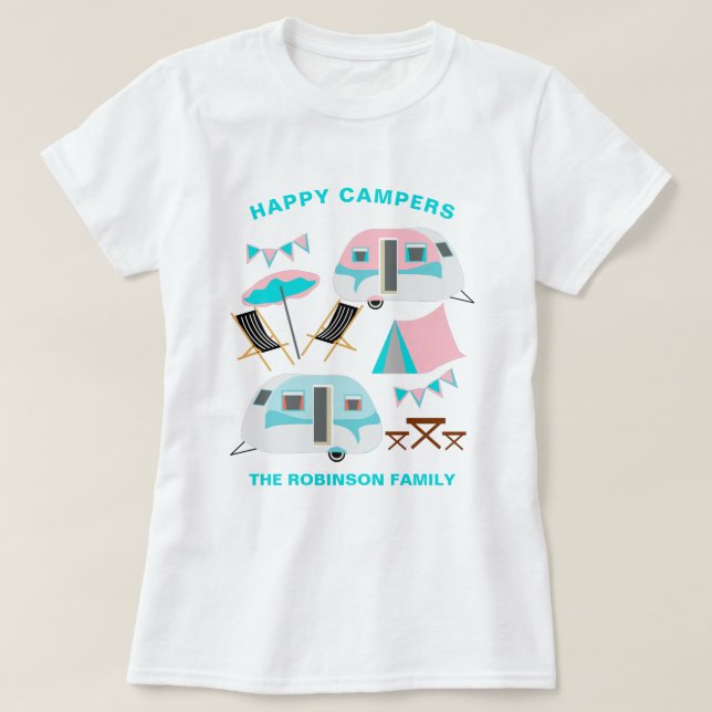 Lycklig Campers Family Namn Retro Caravan Camping  T Shirt (Design framsida)
