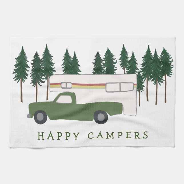 LYCKLIG CAMPERS Lastbil Camping RVing Träd Forest Kökshandduk (Horisontell)
