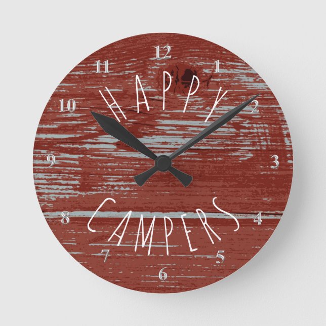 Lycklig Campers Red Barn Wood | Rustic Camping Rund Klocka (Framsida)