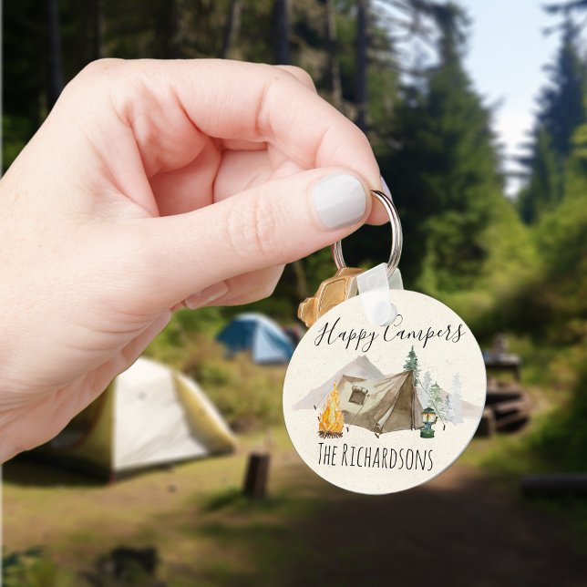 Lycklig Campers Watercolor Personalize Camp Tält Nyckelring (Skapare uppladdad)