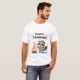 Lycklig Camping Raccoon, Cute Campfire Tecknad T Shirt
