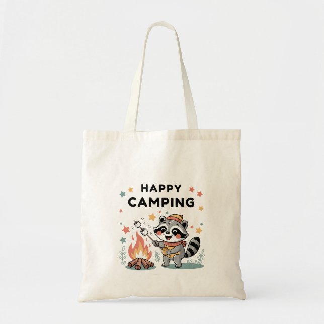 Lycklig Camping Raccoon, Cute Campfire Tecknad Tygkasse (Framsidan)