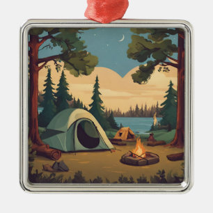 Lycklig Camping Tält och Campfire Julgransprydnad Metall