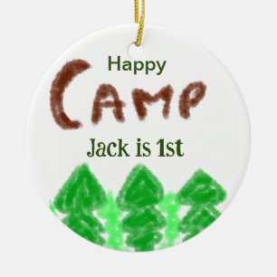Lycklig campingcamping per en födelsedag ungar trä julgransprydnad keramik