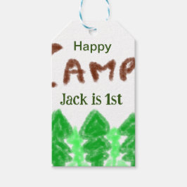 Lycklig campingcamping per en födelsedag ungar trä presentetikett