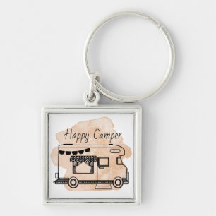 Lycklig campper caravan boho terracotta fyrkantig silverfärgad nyckelring