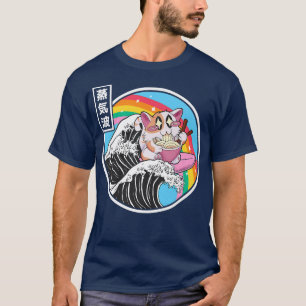 Lycklig Cat Eating Ramen Rainbow Kanagawa Wave Vap T Shirt