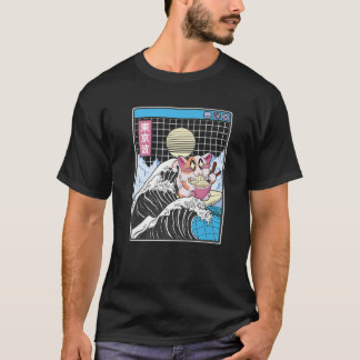 Lycklig Cat Eating Ramen Surfing Kanagawa Wave Ani T Shirt