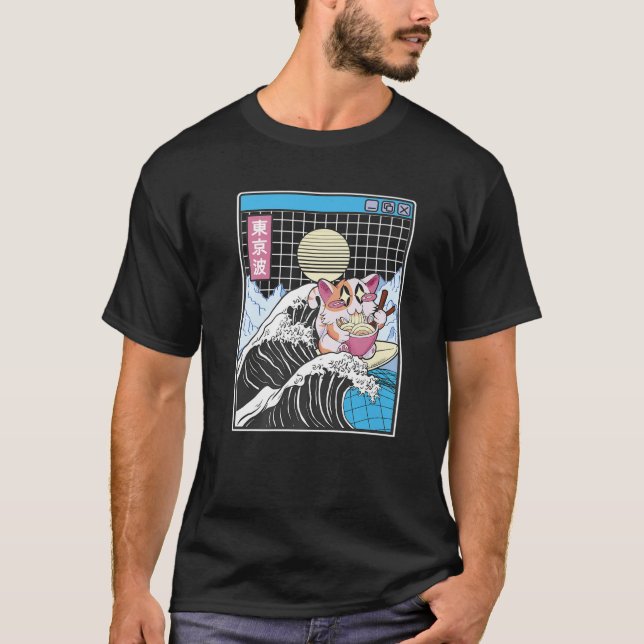 Lycklig Cat Eating Ramen Surfing Kanagawa Wave Ani T Shirt (Framsida)