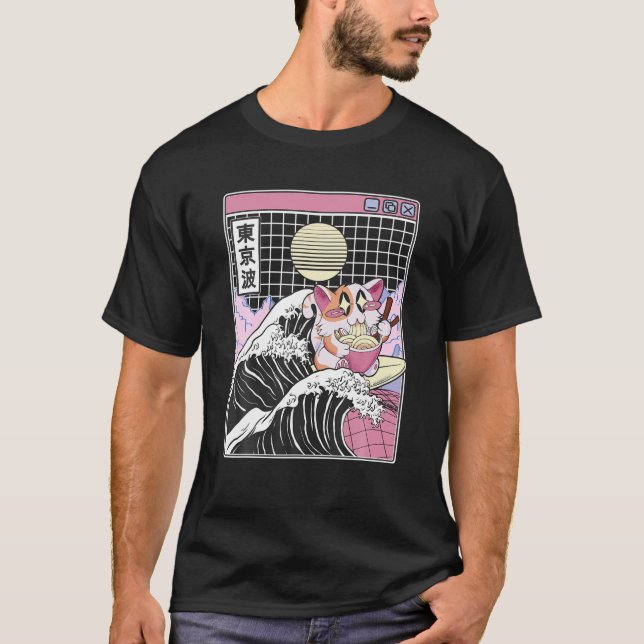 Lycklig Cat Eating Ramen Surfing Kanagawa Wave Ani T Shirt (Framsida)