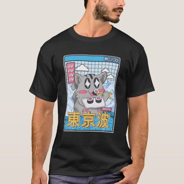 Lycklig Cat Eating Sushi Vaporwave Aesthetic Anime T Shirt (Framsida)