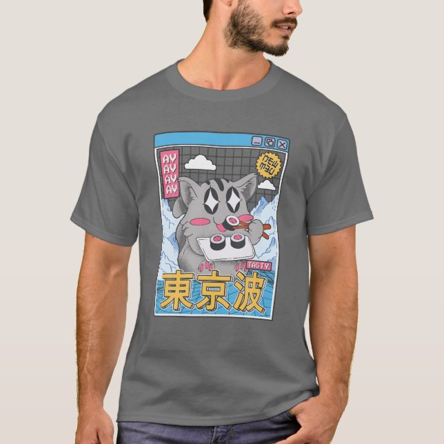 Lycklig Cat Eating Sushi Vaporwave Aesthetic Anime T Shirt (Framsida)