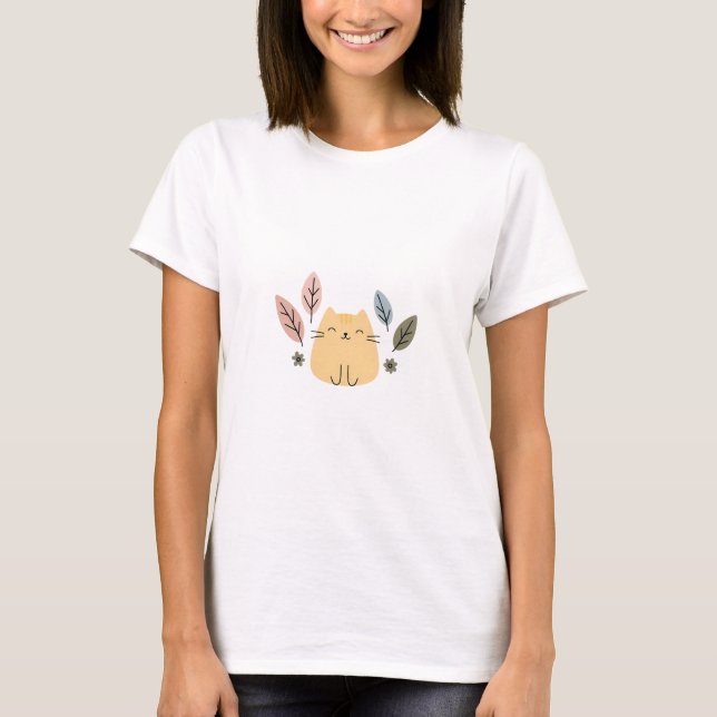 Lycklig Cat med Pastel Löv T Shirt (Framsida)