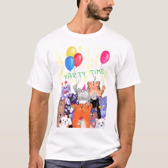 Lycklig Cat Party Funny T-Shirt (Framsida)