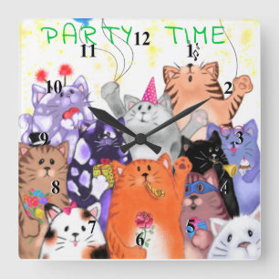 Lycklig Cat Party Tecknad Teckning - Cute Funny Ca Fyrkantig Klocka