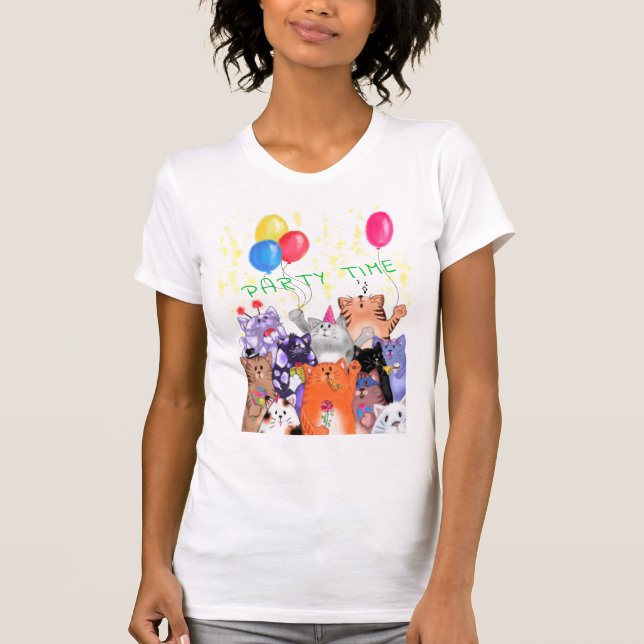 Lycklig Cat Party Tecknad Teckning - Cute Funny Ca T Shirt (Framsida)