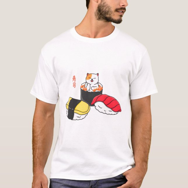 Lycklig Cat Sushi T Shirt (Framsida)