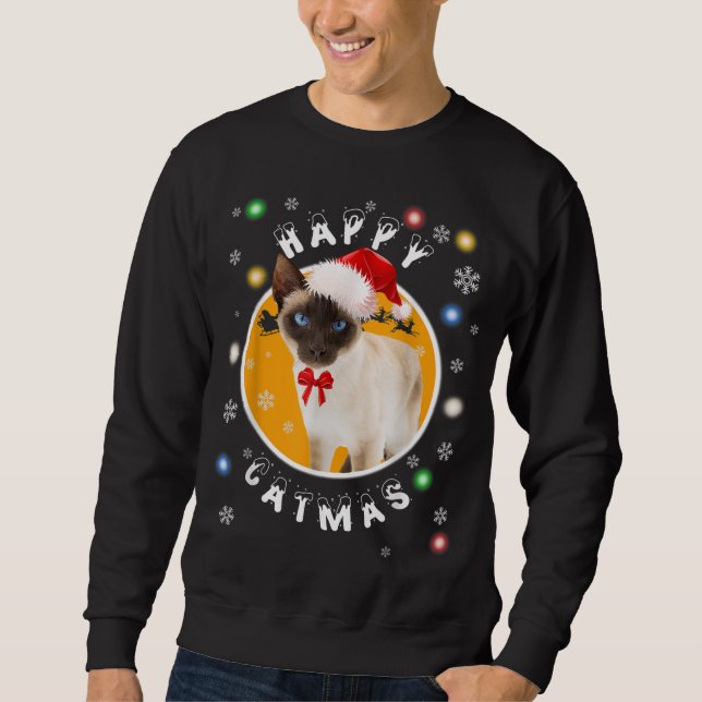 Lycklig Catmas Siamese Julafton Cat i Santa Hat Lång Ärmad Tröja (Framsida)