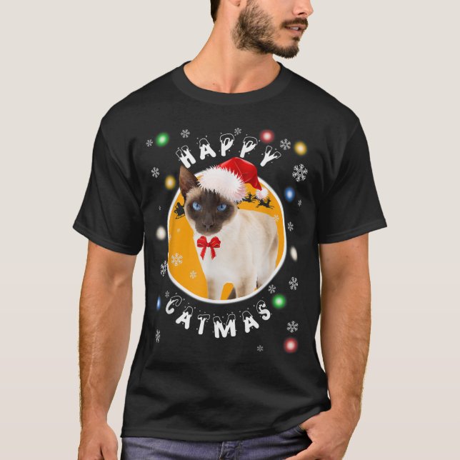 Lycklig Catmas Siamese Julafton Cat i Santa Hat T Shirt (Framsida)