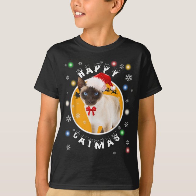 Lycklig Catmas Siamese Julafton Cat i Santa Hat T Shirt (Framsida)