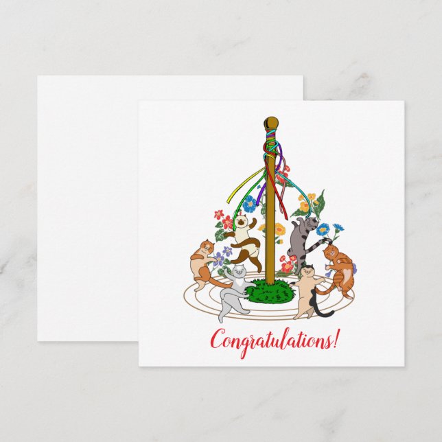 Lycklig Cats Dancing Around Maypole Anpassningsbar Julkort (Fram/baksida)