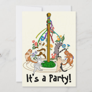 Lycklig Cats Dancing Around Maypole Party bjudande Julkort
