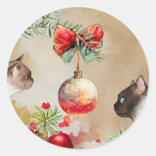 Lycklig Cats, Watercolor Ornamet och Gräs jul Runt Klistermärke
