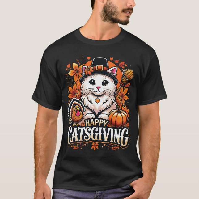 Lycklig Catsgiving - Thanksgiving Cat Firande T Shirt (Framsida)