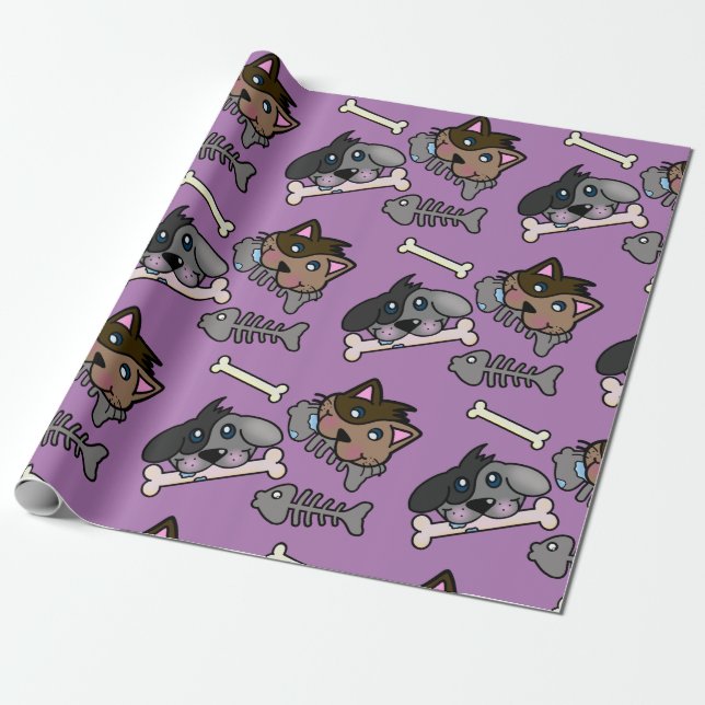 Lycklig Catt och Pet Hundar med fiskben Presentpapper (Utrullad)