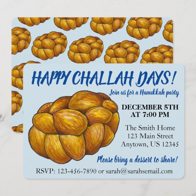 Lycklig Challah Days Hanukkah Party judiska Helgda Inbjudningar (Fram/baksida)