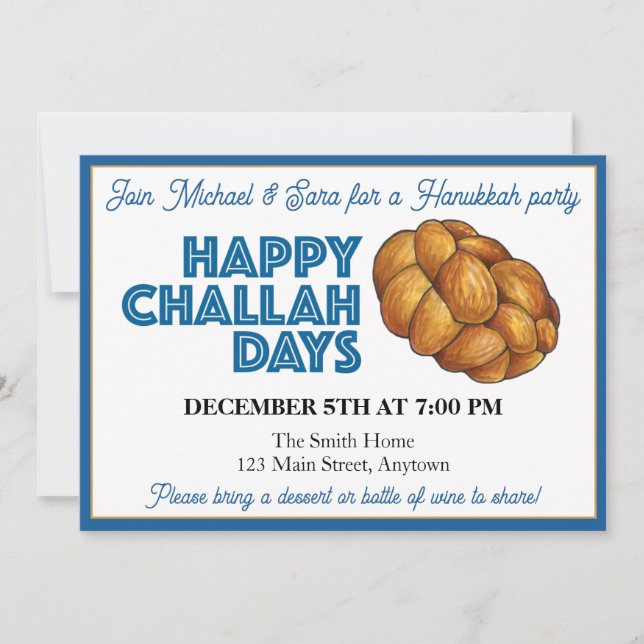 Lycklig Challah Days Hanukkah Party judiska Helgda Inbjudningar (Framsida)