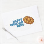 Lycklig Challah Days Helgdagar Hanukkah Chanukah Ovalt Klistermärke<br><div class="desc">Utformningen innehåller en originalillustration av en kopp mobbat bröd, med LYCKLIG CHALLAH DAYS i ett roligt. Idealisk för att ha firat Hanukkah och de judiska helgdagarna. Denna design finns också tillgänglig för andra produkter. Det finns också många fler matematiska illustrationer från denna butik. Ser du inte vad du är tittar...</div>