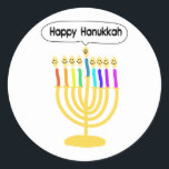 Lycklig Channukah Menora / Chanukia Runt Klistermärke<br><div class="desc">hanuka,  hannuka,  hannukah,  hanukah,  hannukkah,  hanukkah,  chanuka,  kanuka,  kanuka,  kanukah,  chanukkah,  chanukkah chanukia,  chanukkia,  hanukia,  hanukkia,  menora,  mennora,  menorra helgdag,  helgdagar Önskemål,  domarism,  "lycklig hanukkah",  lycklig ansikte",  candelabra.</div>
