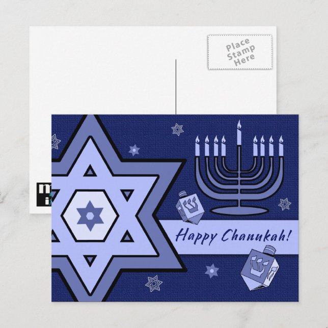Lycklig Chanukah. David, Menorah, Dreidels stjärna Vykort (Fram/baksida)