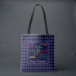 LYCKLIG CHANUKAH Kärlek Joy Peace BLUE Hebrew Tygkasse<br><div class="desc">Färgfull Festive TOTE BAG med faux silver Star av David i subtil bakgrund mönster. KÄRLEK JOY PEACE,  inklusive hebreiska översättningar,  är färg-kodat i rött,  gult och grönt. Text är anpassadet i fodral som du vill ändra något på. LYCKLIG CHANUKAH är också anpassade. Del av HANUKKAH-samlingen</div>