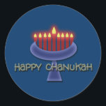 Lycklig Chanukah-klistermärken Runt Klistermärke<br><div class="desc">Minneshögtidlighålla Chanukah med denna slående menorahgrafisk design som ställs in mot en mörk blått bakgrund för att betona de tända ljusen. Den här produkten är anpassade som gör att du kan lägga till text, bilder och/eller logotyp till den. Du kan också ändra storlek, flytta om eller till och med byta...</div>