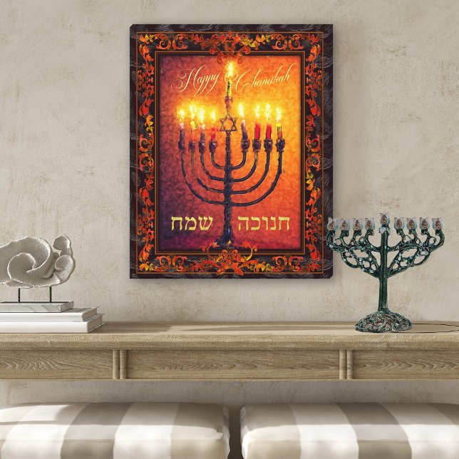Lycklig Chanukah Menorah Orange Red Baroque Painti Canvastryck (Skapare uppladdad)