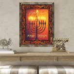 Lycklig Chanukah Menorah Orange Red Baroque Painti Poster<br><div class="desc">Tillsätt en fin beröring till vilken vägg som helst med den här vintagen Hanukkah-målningen,  som innehåller 9-gren-menorah (hanukkiah),  David-stjärnan och vintage baroque gräns i orange,  rött och gult. Texten för Lycklig Chanukah finns på engelska och hebreiska.</div>